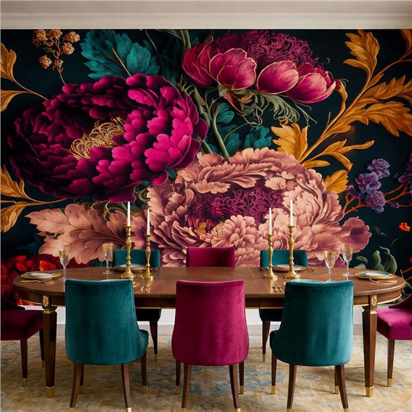 Siyah Zemin Büyük Çiçek Desen Duvar Kağıdı