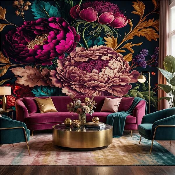 Siyah Zemin Büyük Çiçek Desen Duvar Kağıdı