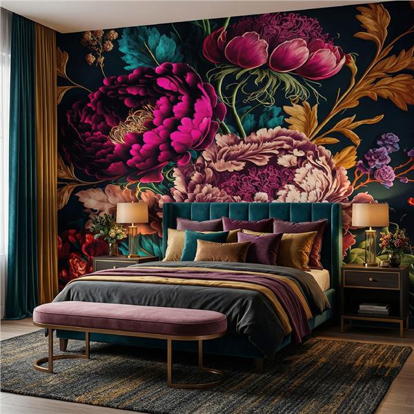 Siyah Zemin Büyük Çiçek Desen Duvar Kağıdı