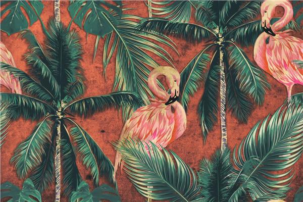 Flamingo ve Palmiye Desenli Tropikal Duvar Kağıtları