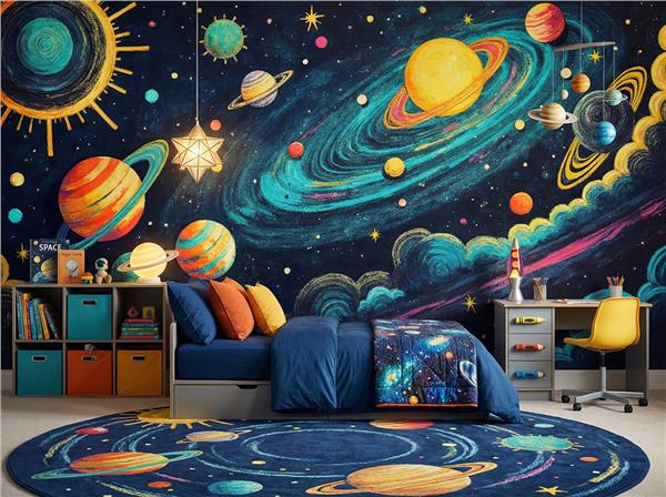 Galaksi ve Gezegenler Uzay Tema Çocuk Odası Duvar Kağıdı