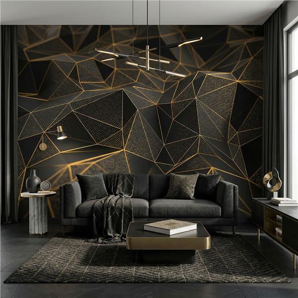 Gold Ton Çizgili Modern Geometrik Desenli Duvar Kağıdı