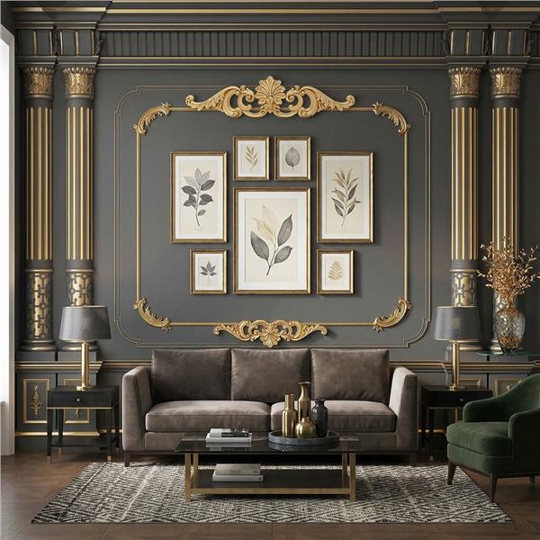 Gold Sütun ve Dekoratif Çıta Desenli Klasik Duvar Kağıdı