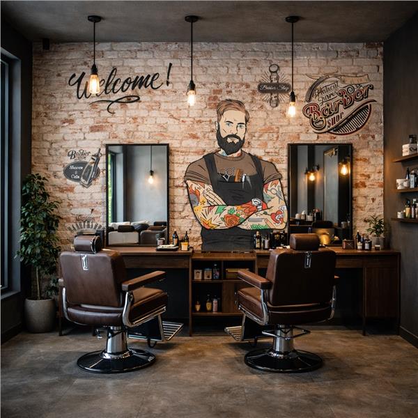 Vintage Berber Salonu Duvar Kağıdı – Tuğla Desenli Erkek Kuaförü Dekoratif Duvar Kağıdı