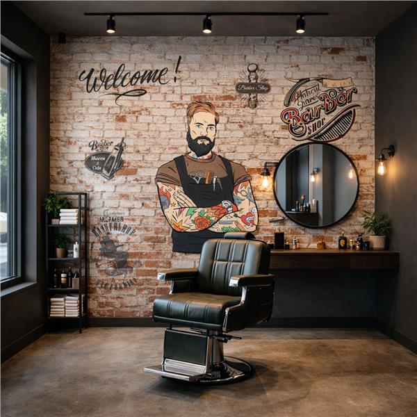 Vintage Berber Salonu Duvar Kağıdı – Tuğla Desenli Erkek Kuaförü Dekoratif Duvar Kağıdı