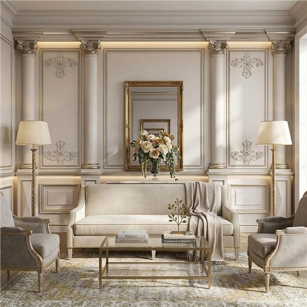 Klasik Sütun ve Dekoratif Çıta Panel Desenli Duvar Kağıdı