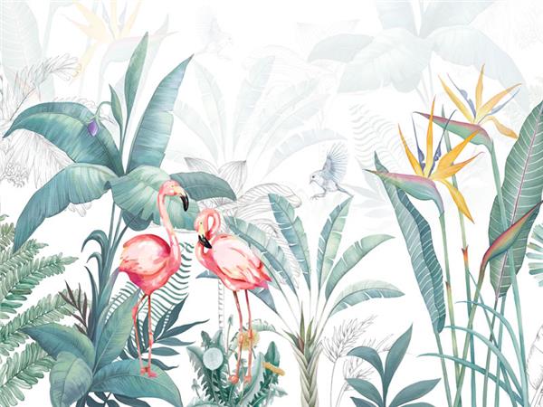Tropikal Desen ve Flamingo Duvar Kağıdı