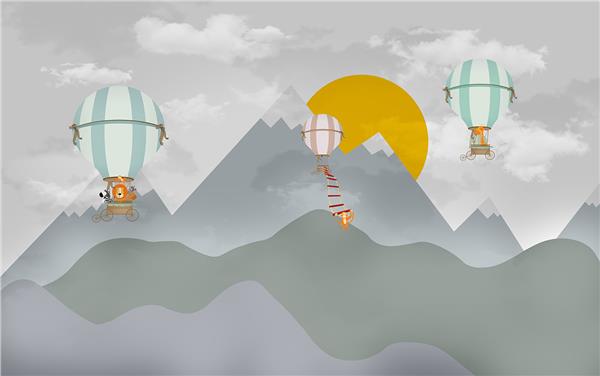 Sevimli Hayvanlar Ve Uçan Balon 3D Çocuk Odası Duvar Kağıdı