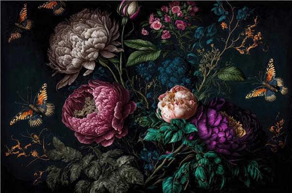 Siyah Zemin Büyük Çiçek Desen Duvar Kağıdı