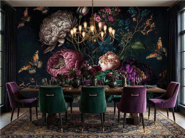 Siyah Zemin Büyük Çiçek Desen Duvar Kağıdı