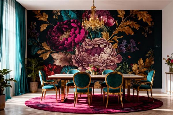 Siyah Zemin Büyük Çiçek Desen Duvar Kağıdı