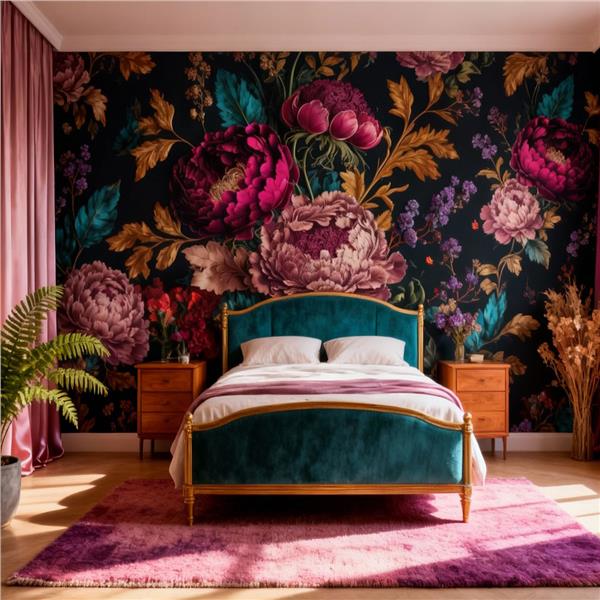 Siyah Zemin Büyük Çiçek Desen Duvar Kağıdı