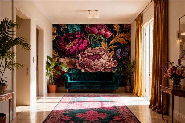 Siyah Zemin Büyük Çiçek Desen Duvar Kağıdı