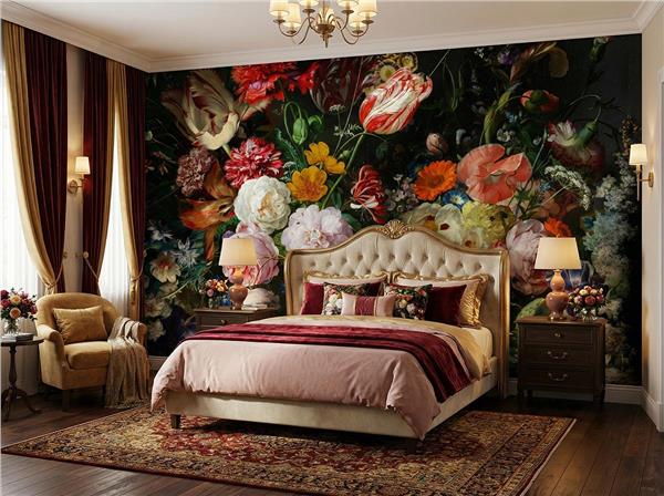 Siyah Zemin Büyük Çiçek Desen Duvar Kağıdı