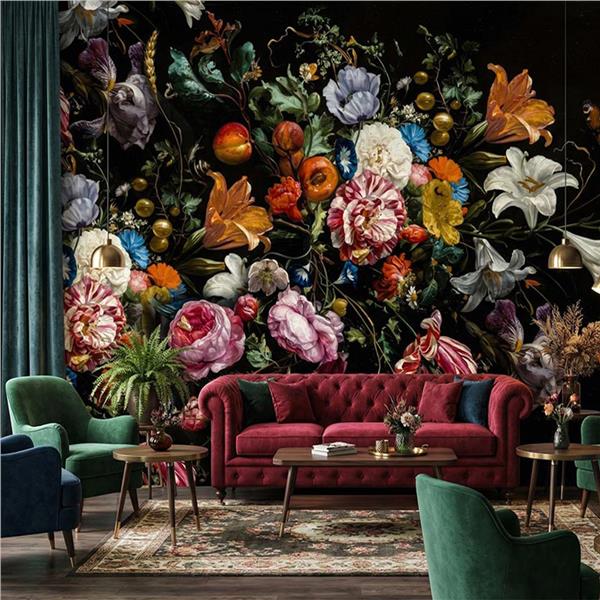Siyah Zemin Büyük Çiçek Desen Duvar Kağıdı