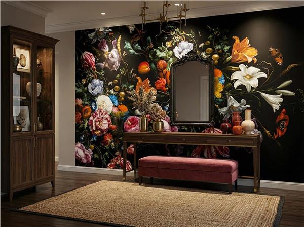 Siyah Zemin Büyük Çiçek Desen Duvar Kağıdı