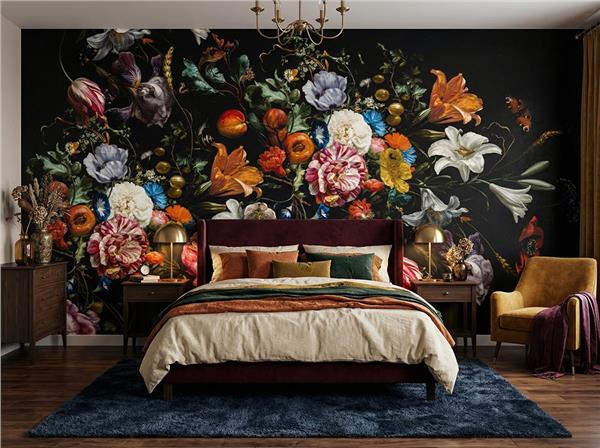 Siyah Zemin Büyük Çiçek Desen Duvar Kağıdı