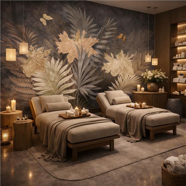 Tropik Yaprak Desenli Spa ve Güzellik Merkezi Duvar Kağıdı