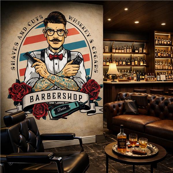 Premium Erkek Kuaförü Konsept Retro Duvar Kağıdı