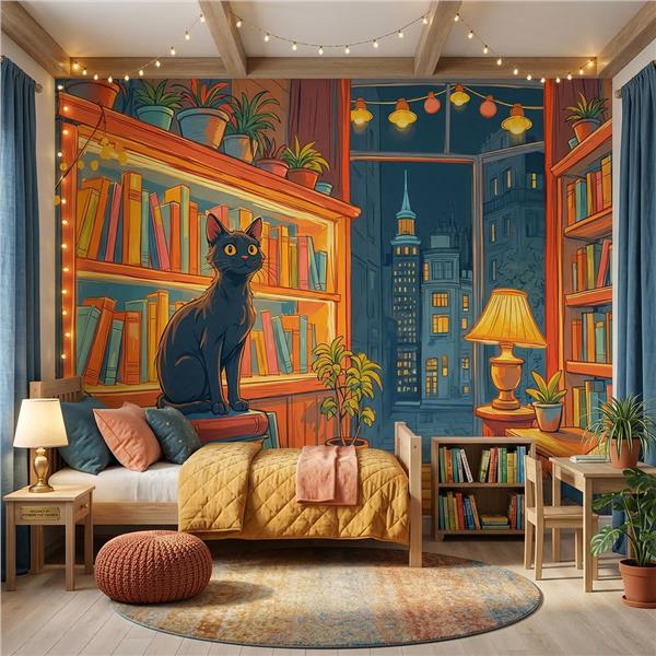 Kedi Figürlü Çocuk Odası Duvar Kağıdı | Kitaplık Temalı Çizim Duvar Kağıdı | Eğitici Çocuk Odası Duvar Kağıdı