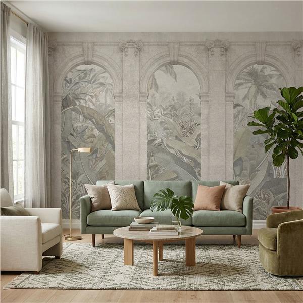 Klasik Kemer Sütun Desenli Duvar Kağıdı | Tropikal Bitki Detaylı Mimari Duvar Kağıdı | Derinlik Etkili Duvar Kağıdı