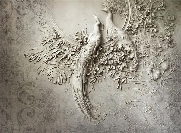 Tavus Kuşu Figürlü Duvar Kağıdı | Gül ve Yaprak Desenli Sanatsal Tavus Kuşu Duvar Kağıdı | Premium Duvar Kaplama