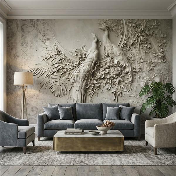 Tavus Kuşu Figürlü Duvar Kağıdı | Gül ve Yaprak Desenli Sanatsal Tavus Kuşu Duvar Kağıdı | Premium Duvar Kaplama