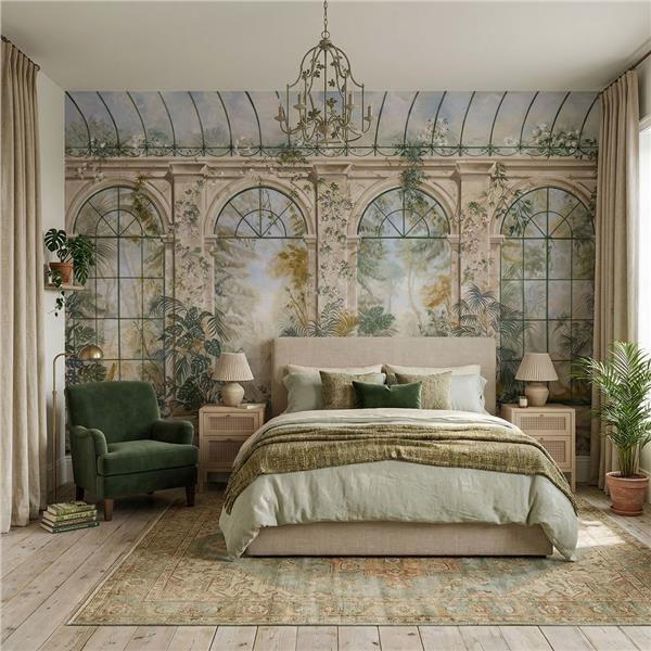 Tropikal Duvar Kağıdı | Botanik Yaprak Desenli Duvar Kağıdı | Kemerli Mimari Duvar Kağıdı