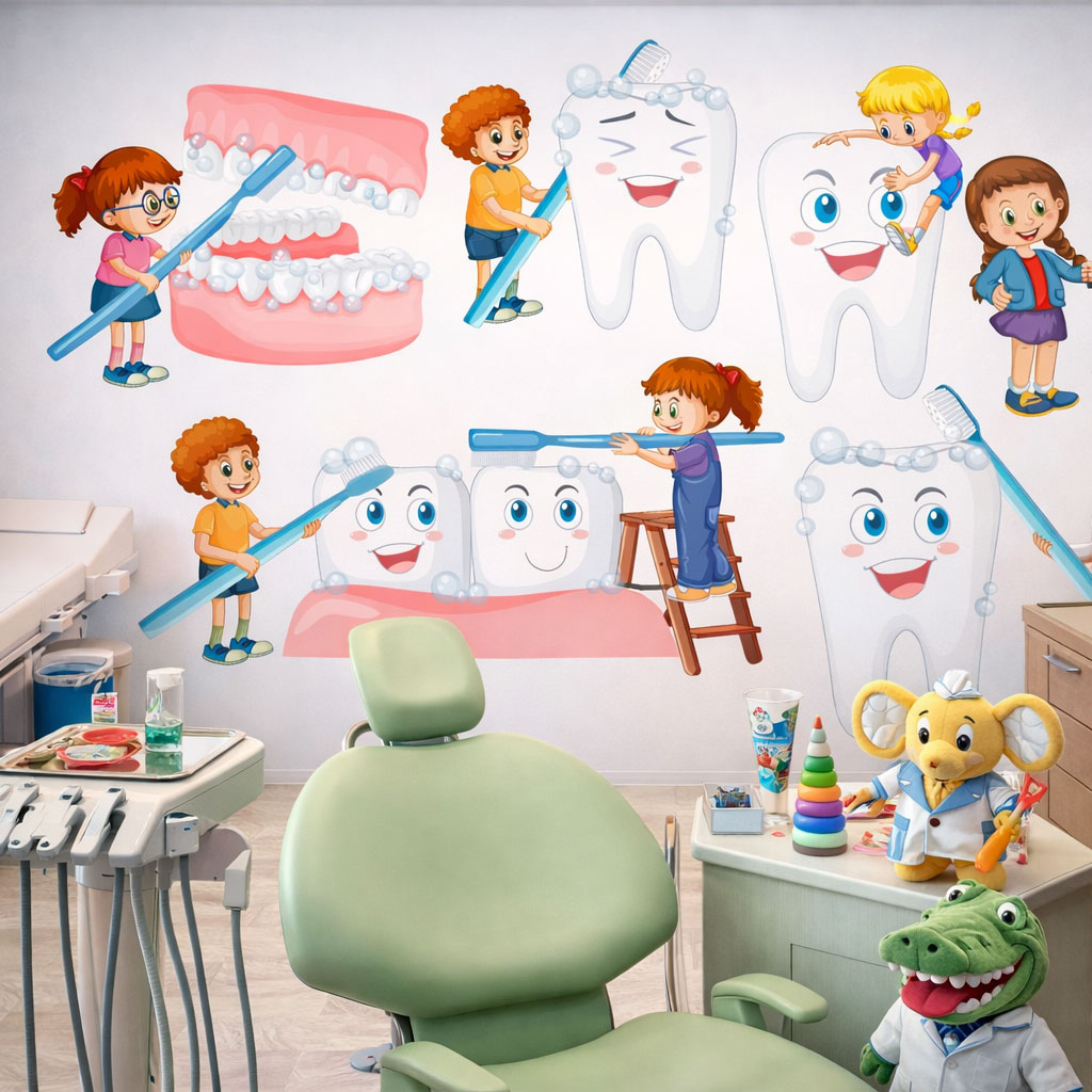 Çocuk Diş Hekimi Klinik Duvar Kağıdı – Eğitici Diş Fırçalama Teması