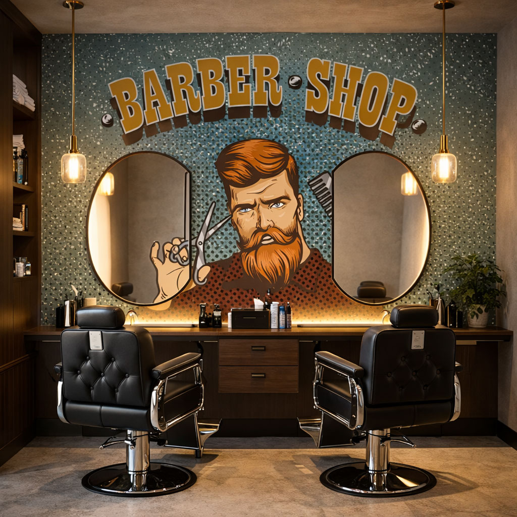 Retro Berber Salonu Konsept Duvar Kağıdı | Erkek Kuaförü & Barbershop Dekor