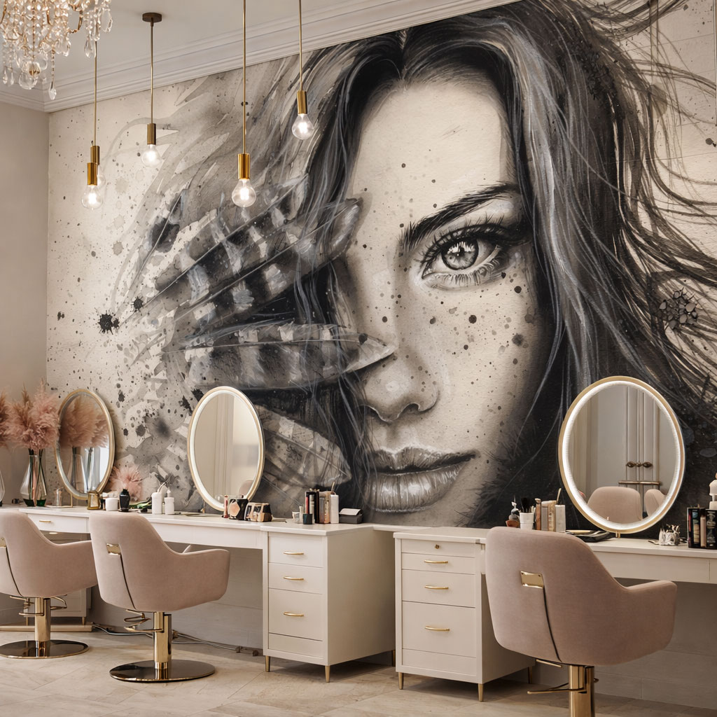 Sanatsal Kadın Kuaförü Duvar Kağıdı – Modern Güzellik Salonu Duvar Kağıdı Tasarım
