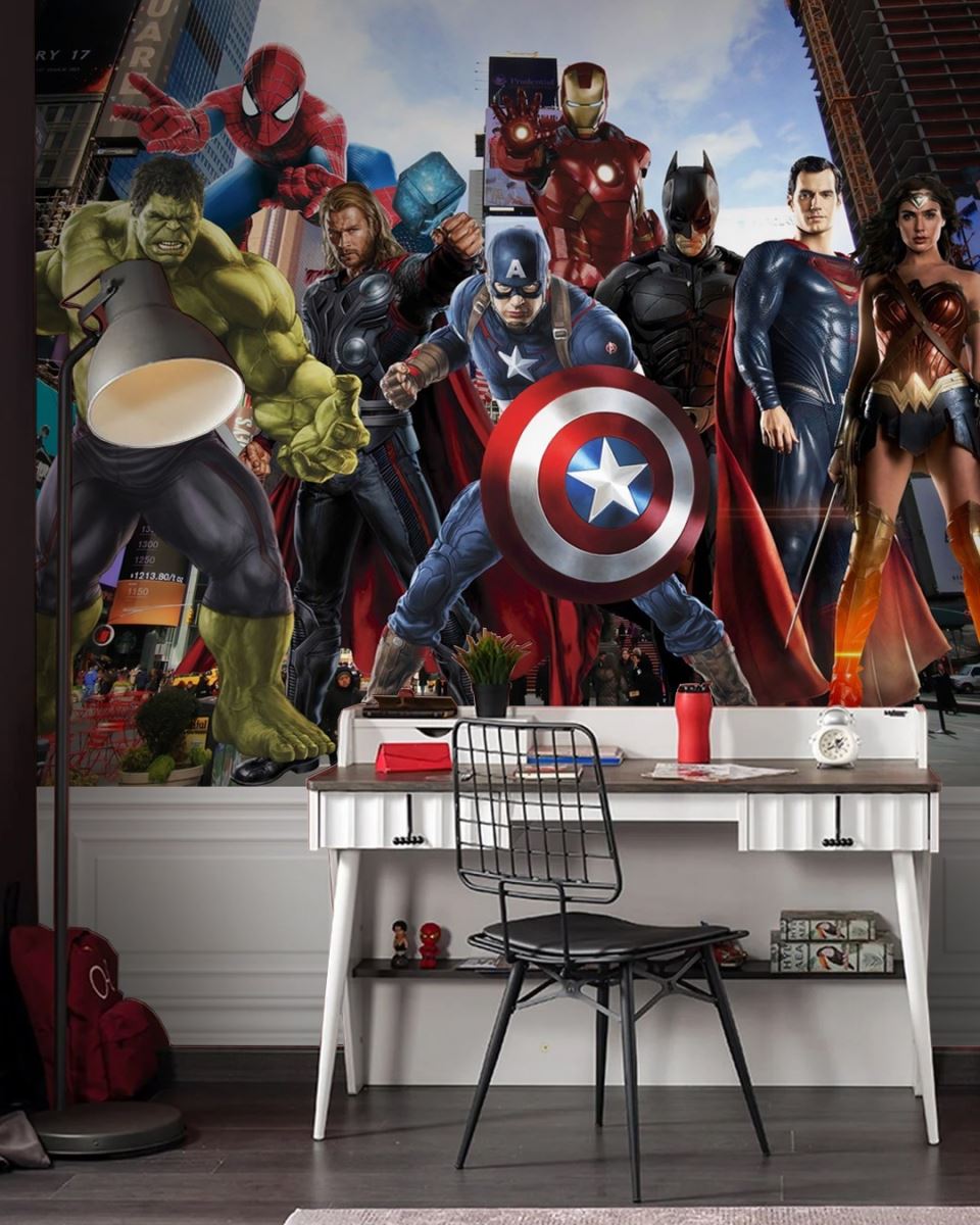 Super Kahraman Temalı Cocuk Odası Duvar Kagidı_Hulk Orumcek Adam Marvel iron man cocuk adasi duvar kagidi