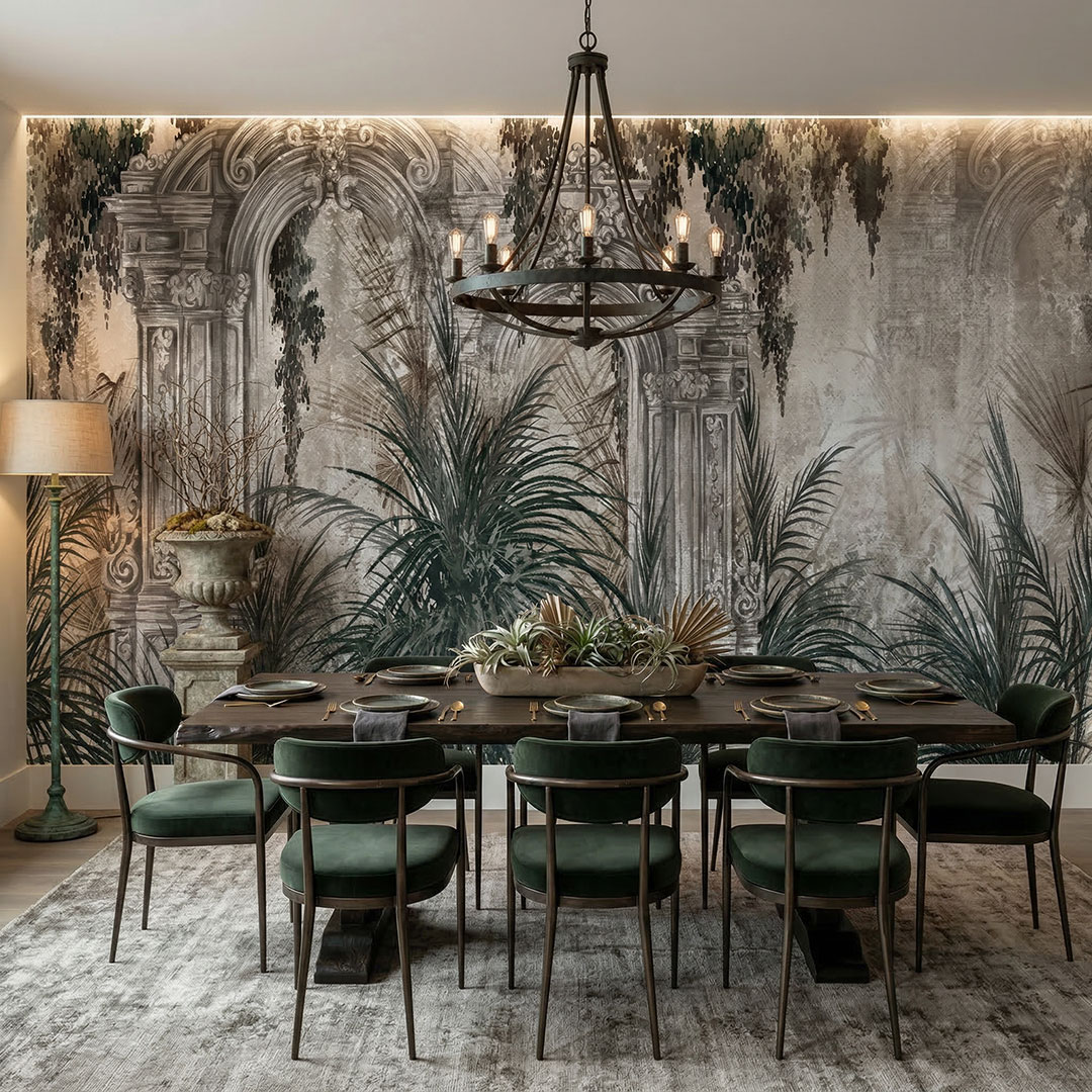 Botanik Duvar Kağıdı | Yaprak Desenli Duvar Kağıdı | Kemerli Mimari Duvar Kağıdı