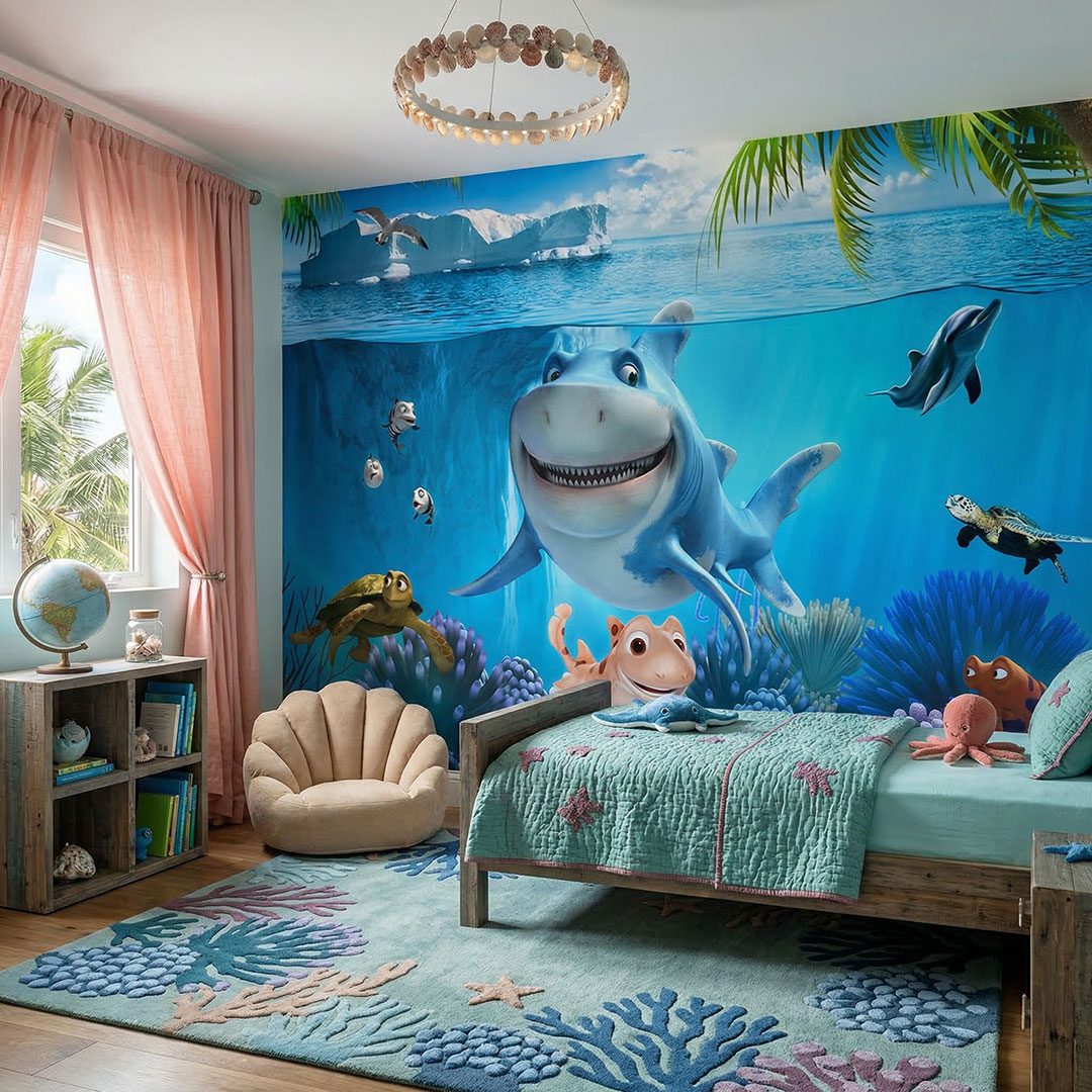 Deniz Altı Temalı Çocuk Odası Duvar Kağıdı | Köpek Balığı Figürlü Çocuk Odası Duvar Kağıdı | Okyanus Temalı Duvar Kağıdı
