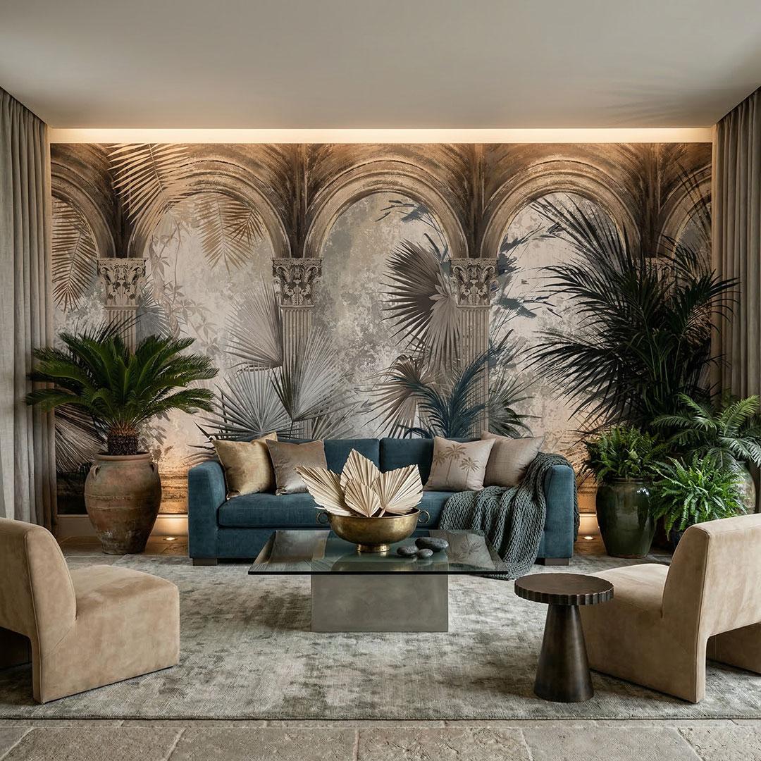 Tropikal Duvar Kağıdı | Botanik Yaprak Desenli Duvar Kağıdı | Kemerli Mimari Duvar Kağıdı