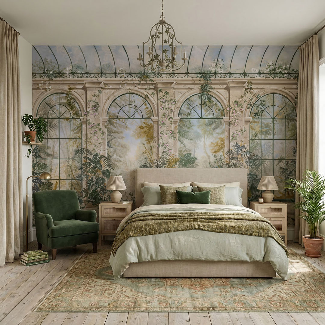 Tropikal Duvar Kağıdı | Botanik Yaprak Desenli Duvar Kağıdı | Kemerli Mimari Duvar Kağıdı