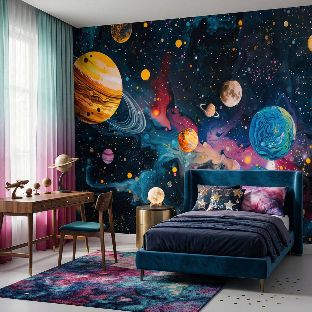 Uzay Duvar Kağıdı | Gezegen Desenli Duvar Kağıdı | Çocuk Odası Duvar Kağıdı