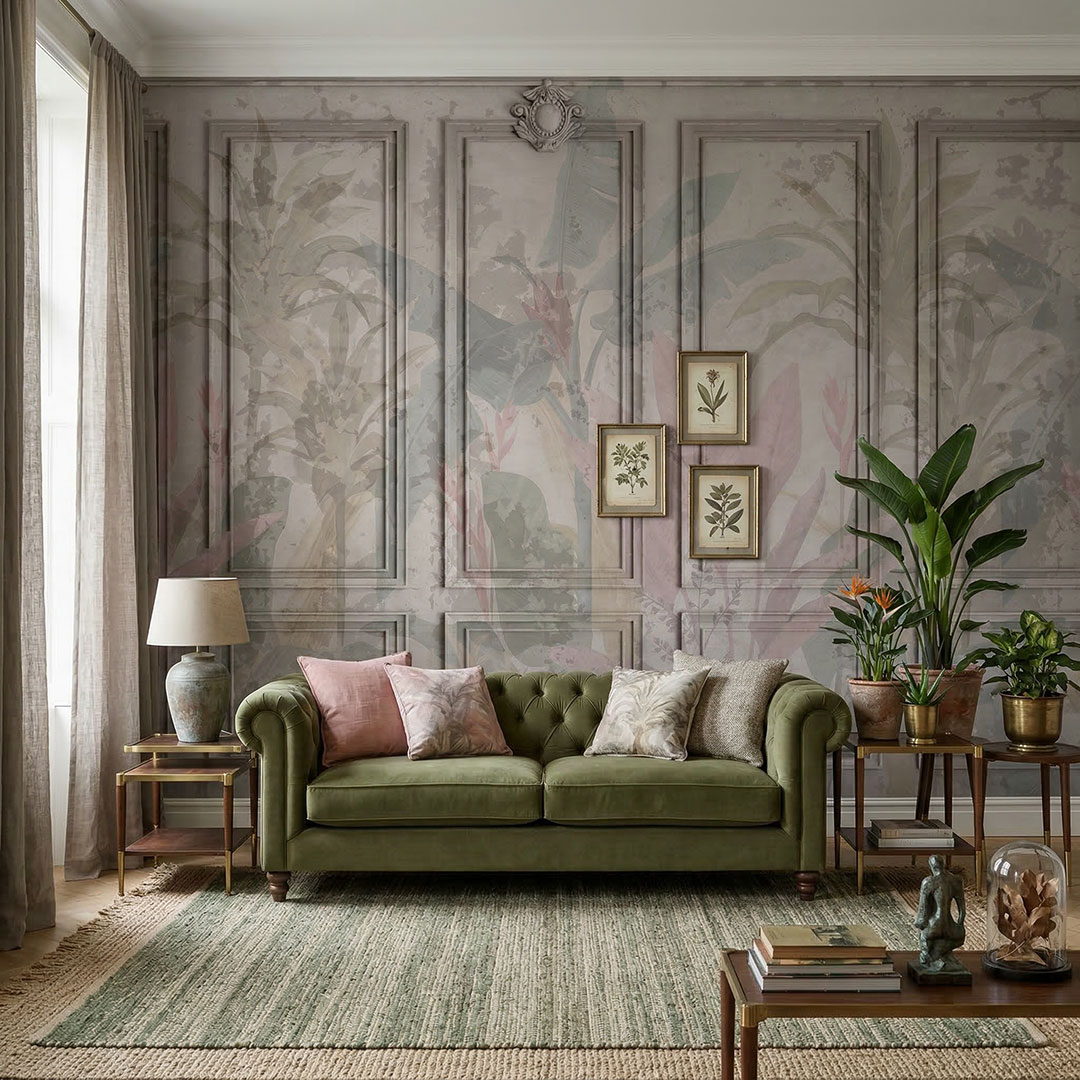 Vintage Tropikal Yaprak Desenli Duvar Kağıdı | Klasik Çıta Panel Efektli Botanik Duvar Kağıdı | Premium Duvar Kaplama